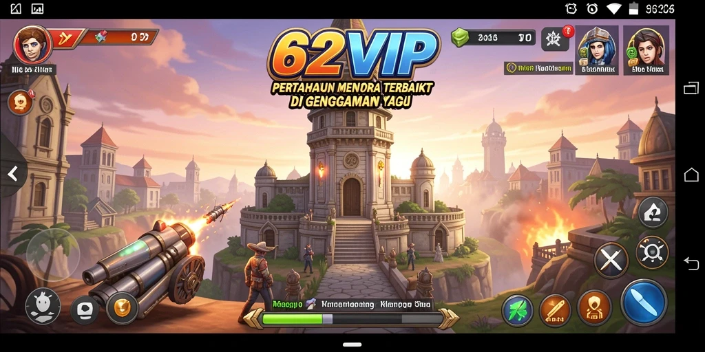 Tampilan gameplay seru dari 62VIP dengan menara yang menantang.