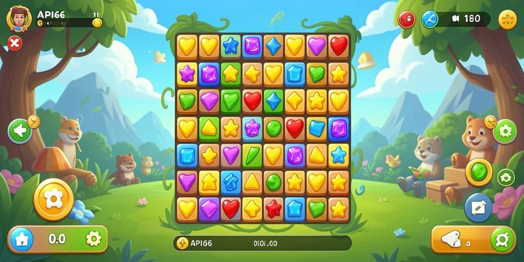 Tangkapan layar gameplay API66 menunjukkan level yang penuh warna dan tantangan Match-3.