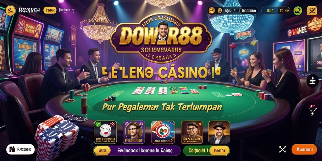 Screenshot gameplay DOWER88 menampilkan dealer profesional dan suasana kasino yang nyata.