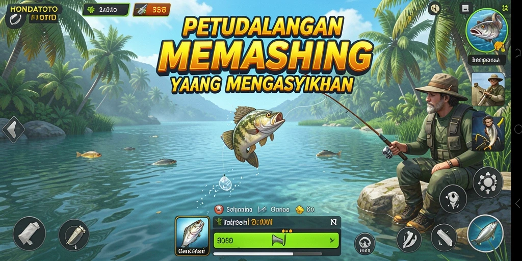 Screenshot HONDATOTO menampilkan pemain memancing di danau yang indah.