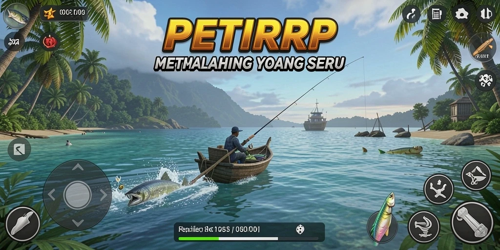 Screenshot menunjukkan pemain menangkap ikan besar dalam PETIRRP.